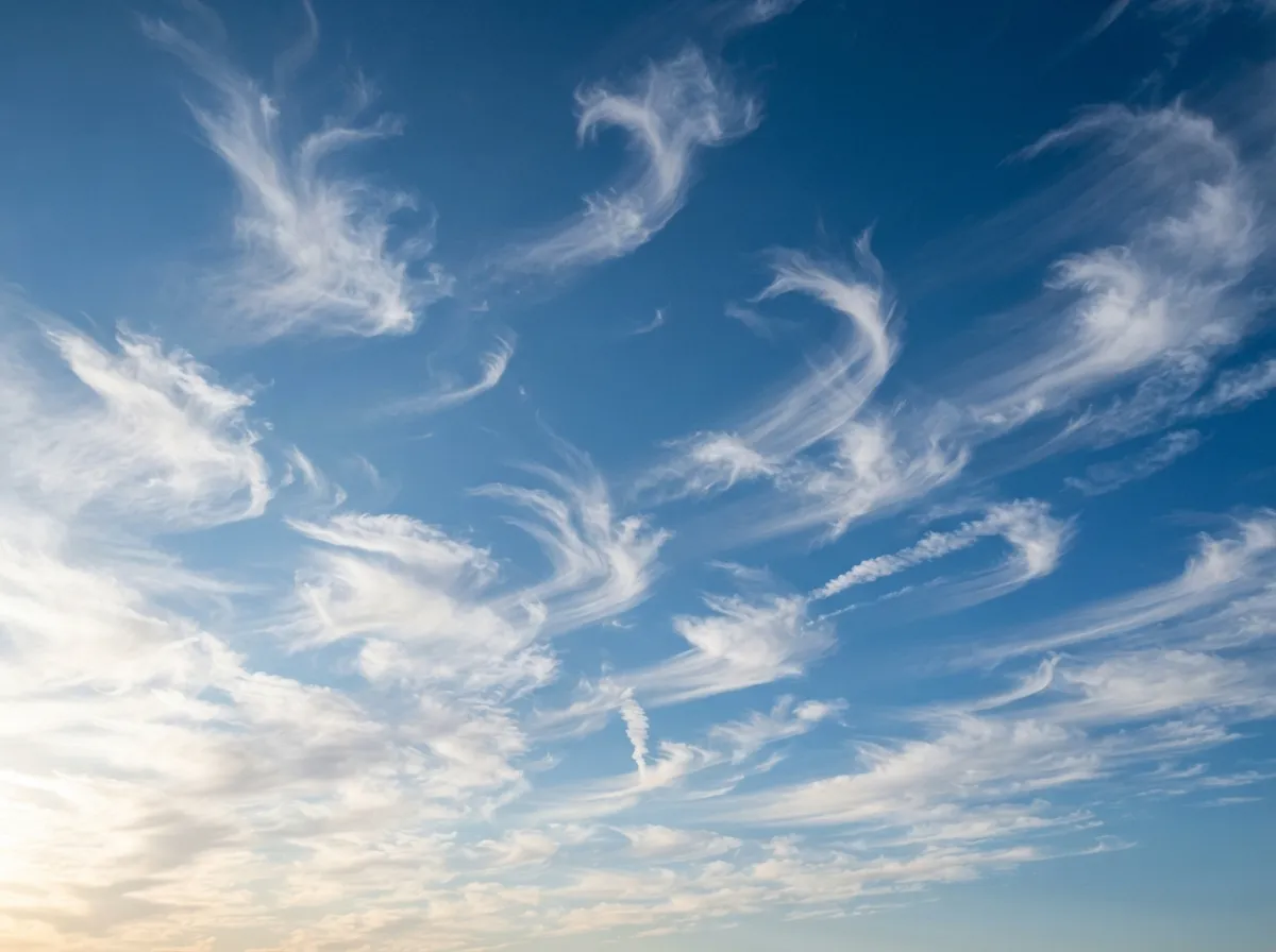 Longs filaments blancs de nuages cirrus en crochets dans un ciel bleu, ressemblant à des queues de jument