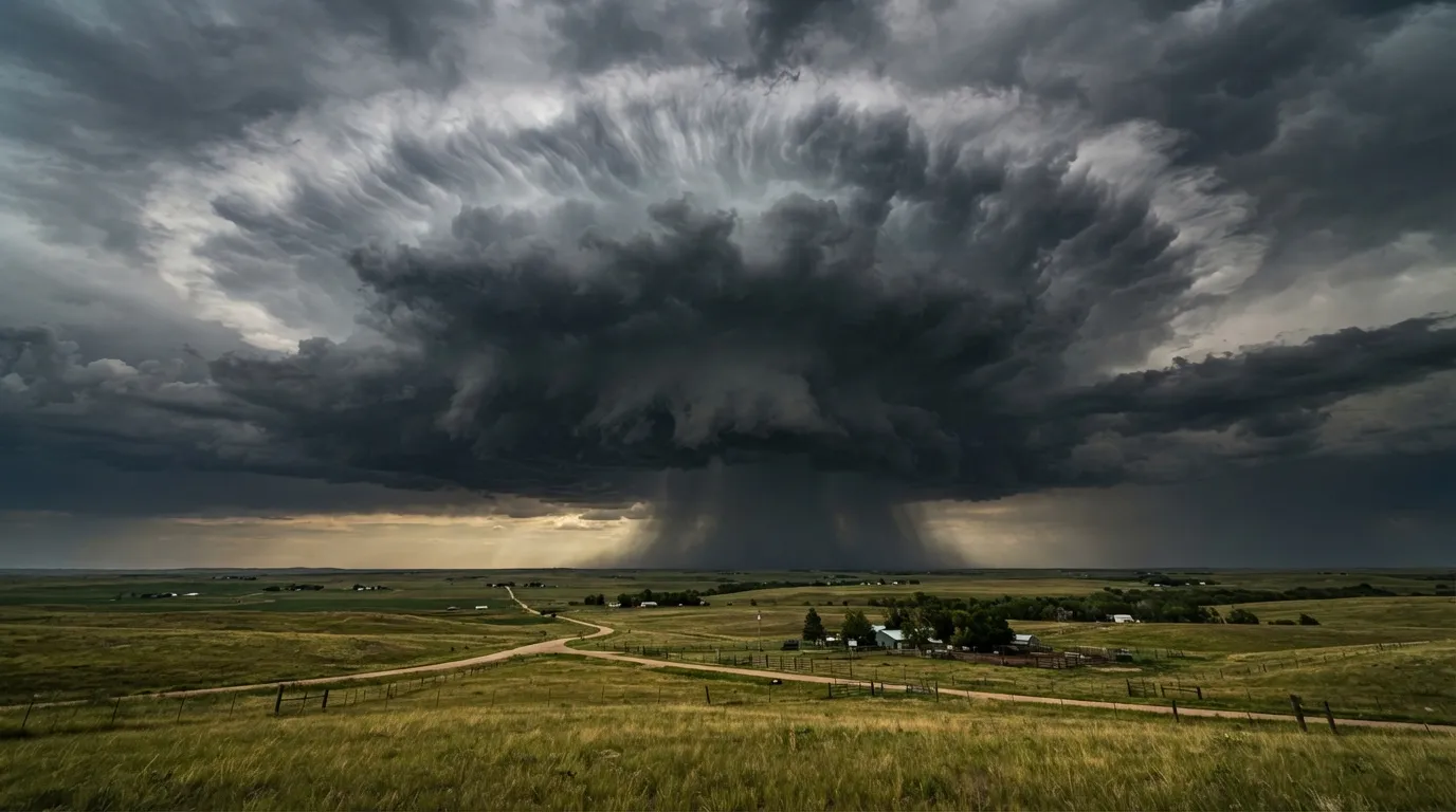 Un immense nuage d'orage sombre dont le sommet s'étale en forme d'enclume, avec un rideau de pluie visible en dessous