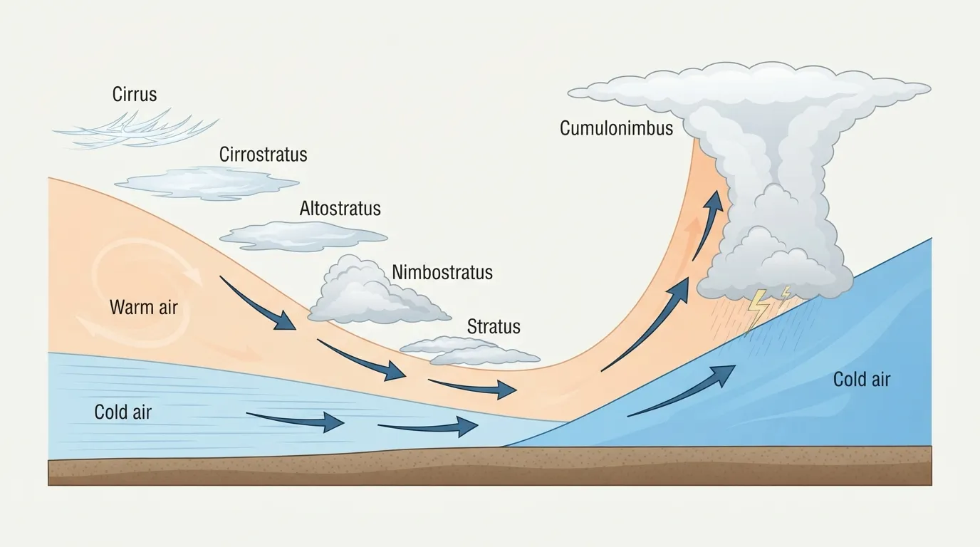 Coupe schématique montrant un front chaud qui glisse doucement sur l'air froid en produisant des nuages étagés, et un front froid qui soulève brutalement l'air chaud en formant des cumulonimbus