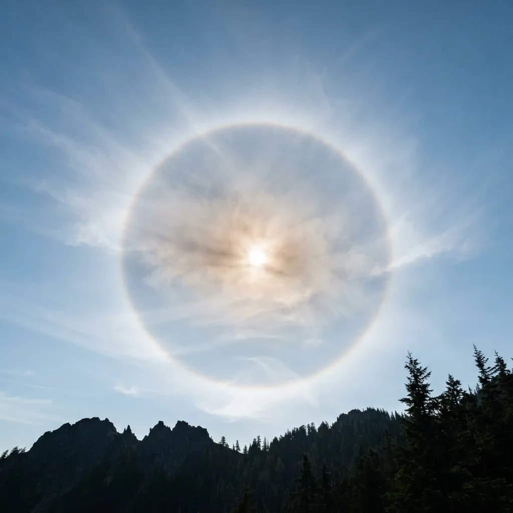 Un halo lumineux circulaire entoure le soleil voilé par un fin voile de nuages cirrostratus