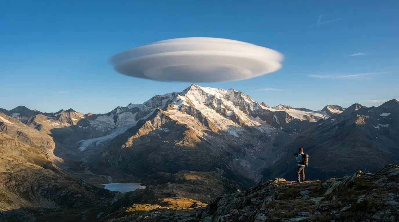 Un nuage lenticulaire en forme de lentille ou de soucoupe immobile au-dessus d'un sommet montagneux