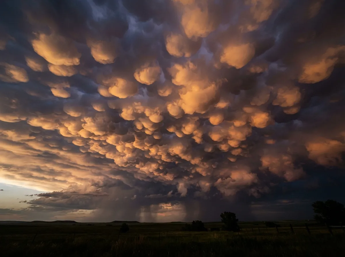 Des poches nuageuses arrondies et pendantes façon mamelles suspendues sous un ciel d'orage