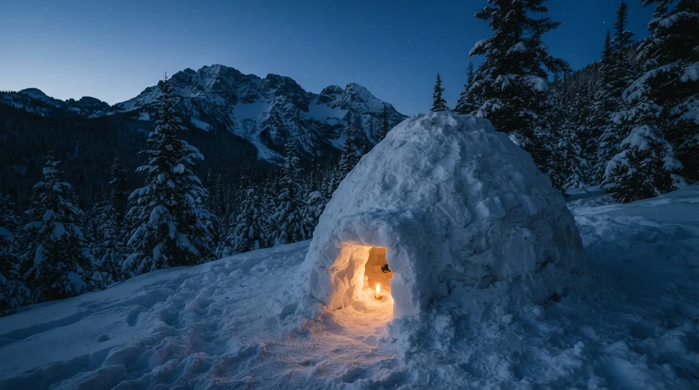 Un abri quinzhee terminé dans la neige, entrée basse, fumée d'une petite bougie visible à travers l'ouverture