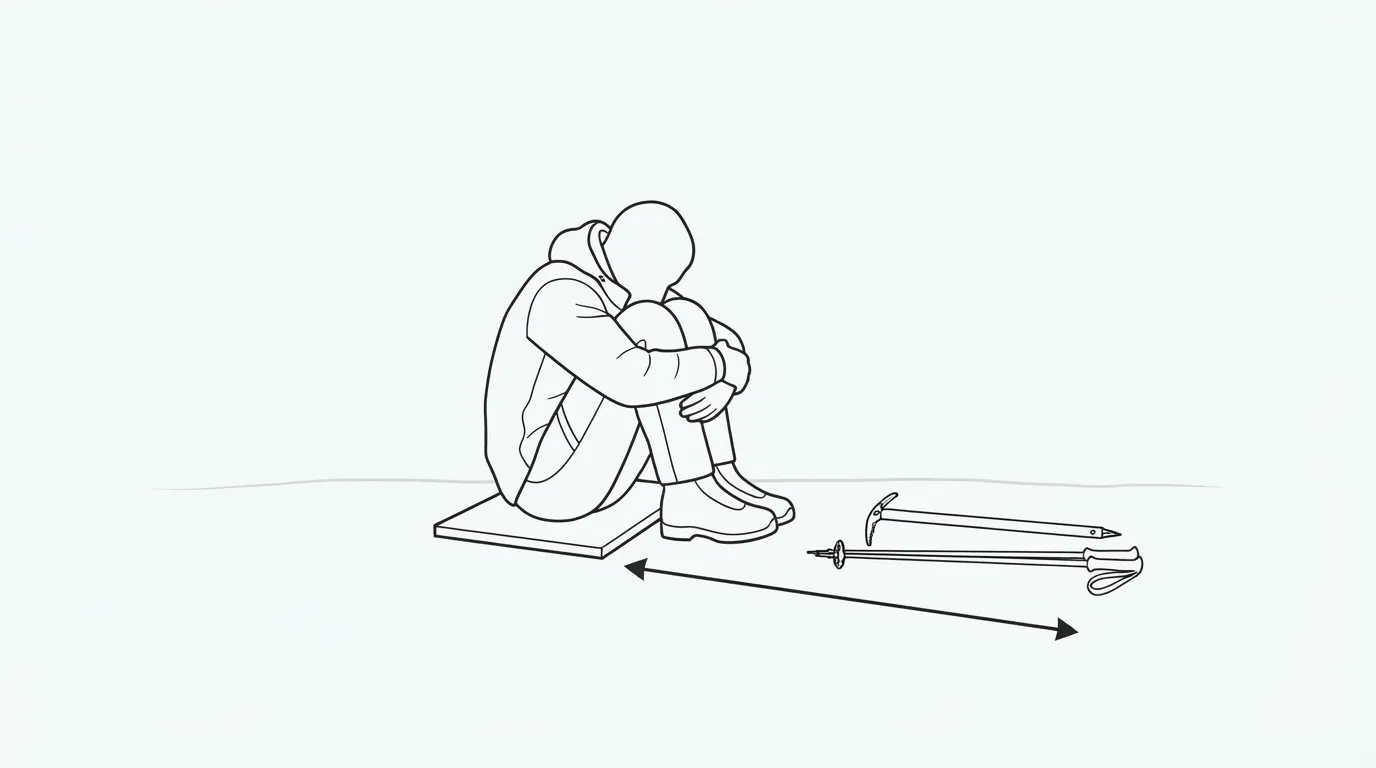 Schéma de la position de sécurité contre la foudre : personne accroupie pieds joints, matériel métallique posé à distance au sol