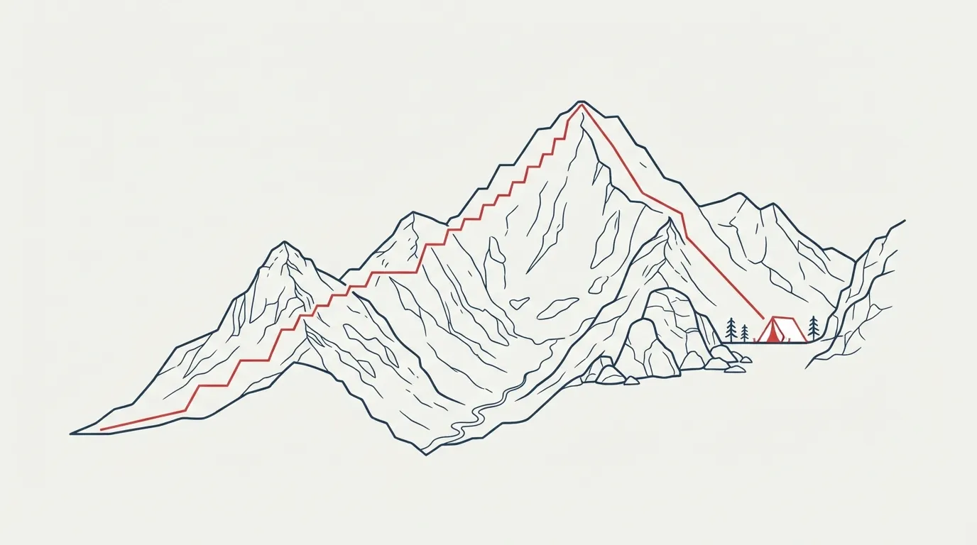 Schéma illustrant la règle monter haut dormir bas, avec un profil de montagne montrant une montée dans la journée puis une descente pour la nuit
