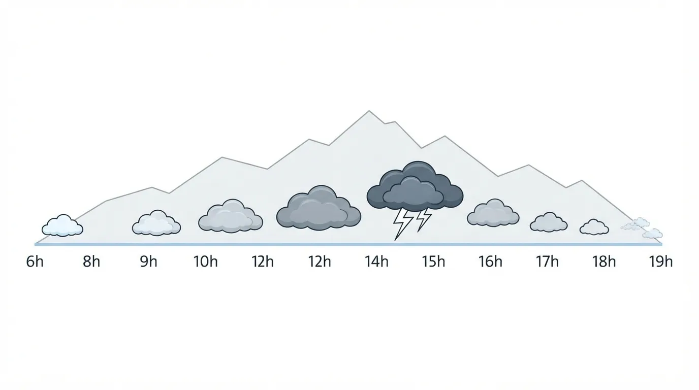 Schéma du cycle horaire des orages de montagne en été, du matin calme à l'éclatement en début d'après-midi