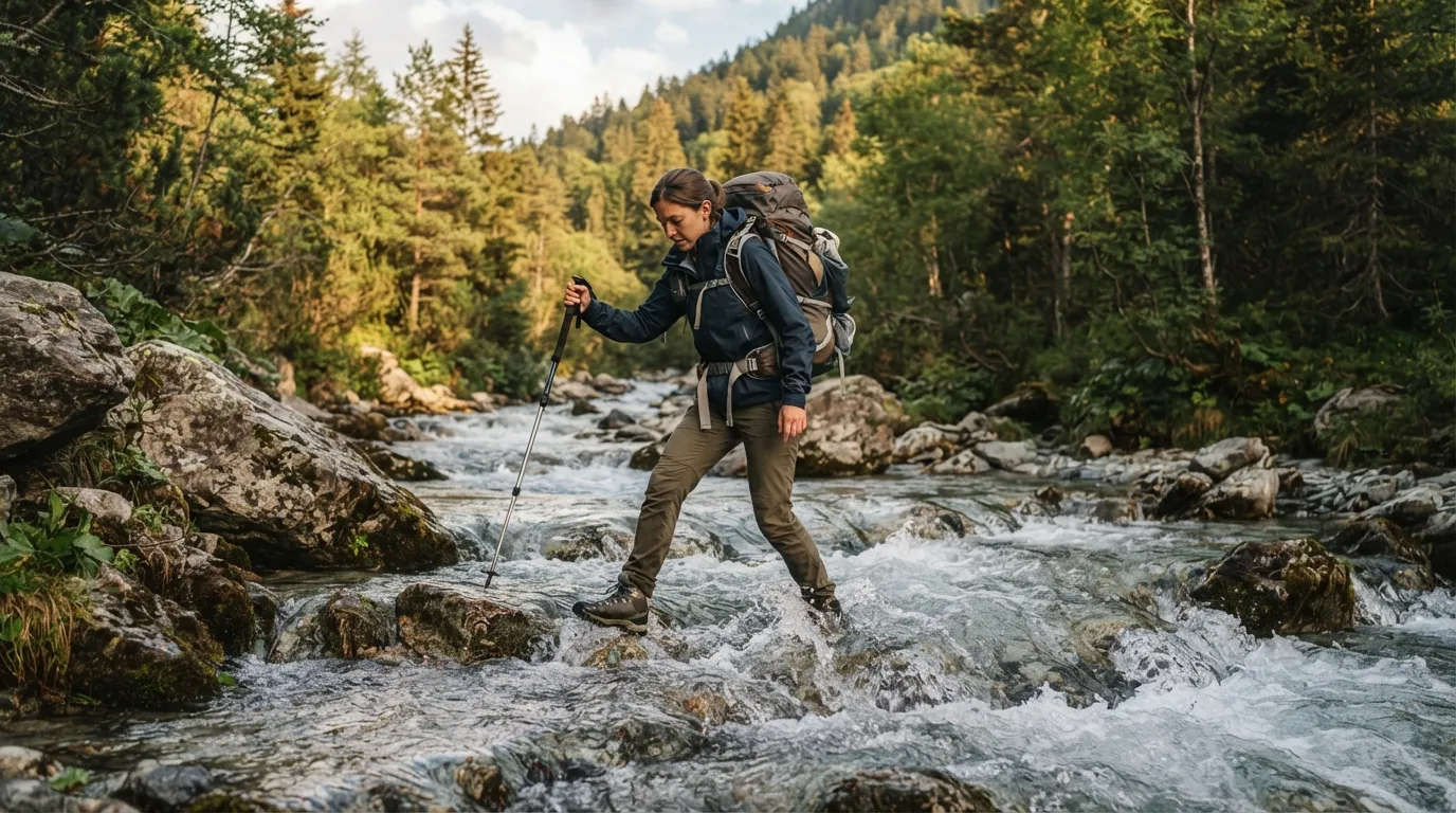 Une personne traverse un torrent de montagne en diagonale, un bâton planté côté amont pour faire trépied