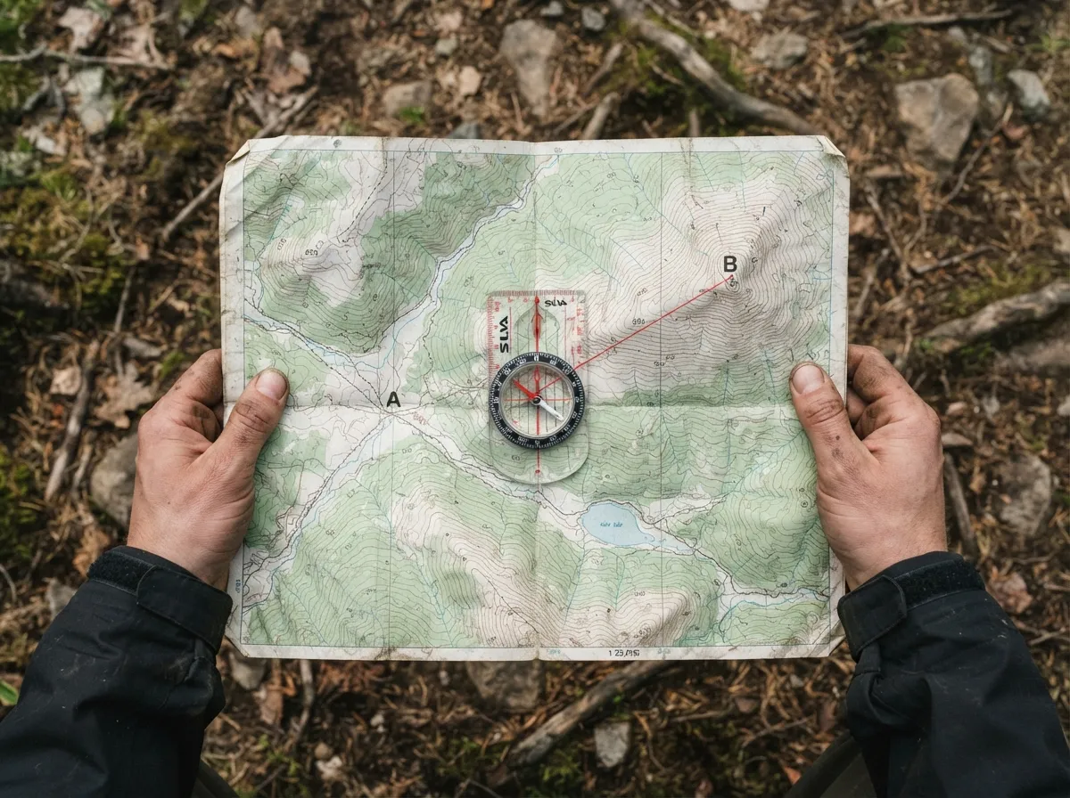 Une boussole à plaquette posée sur une carte topographique IGN, la flèche de direction alignée sur un cap