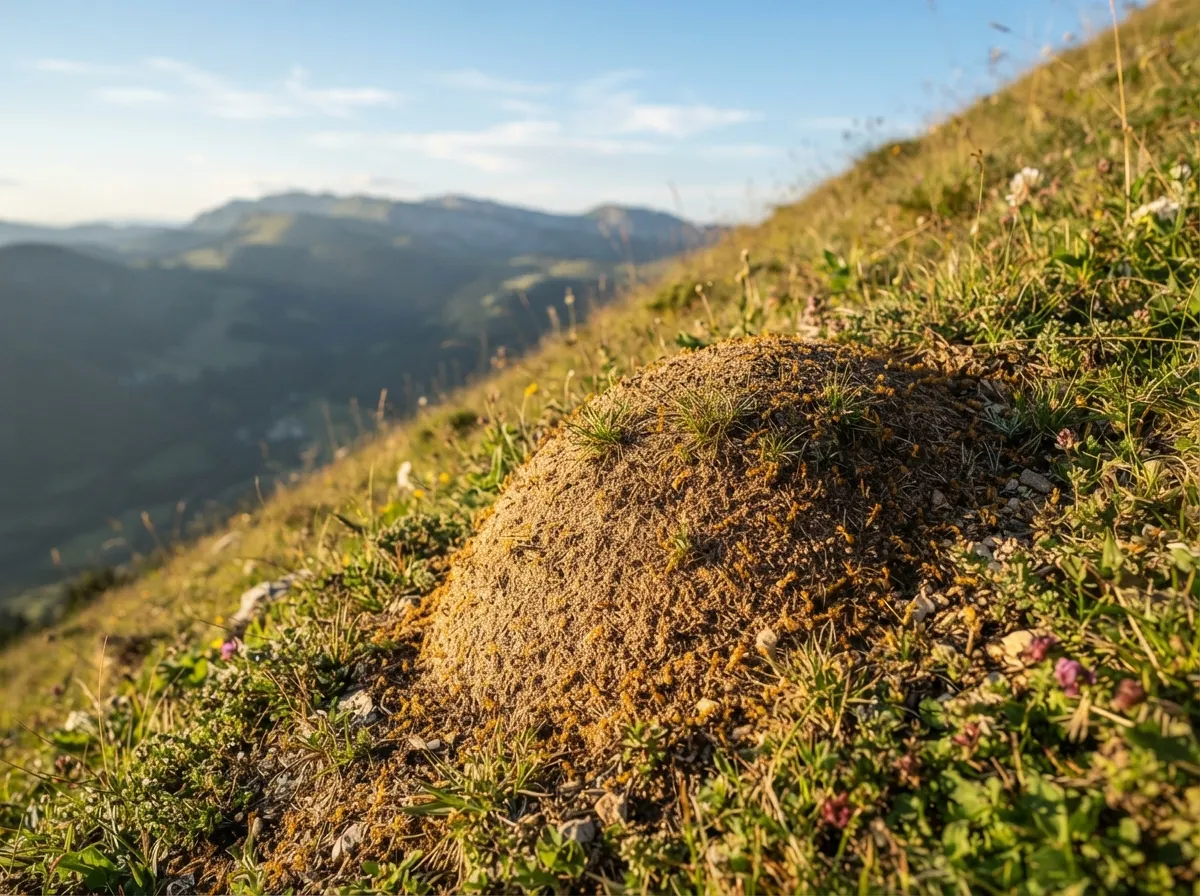 Un dôme de fourmilière de fourmi jaune dans un pâturage de montagne, avec son flanc raide exposé au soleil levant