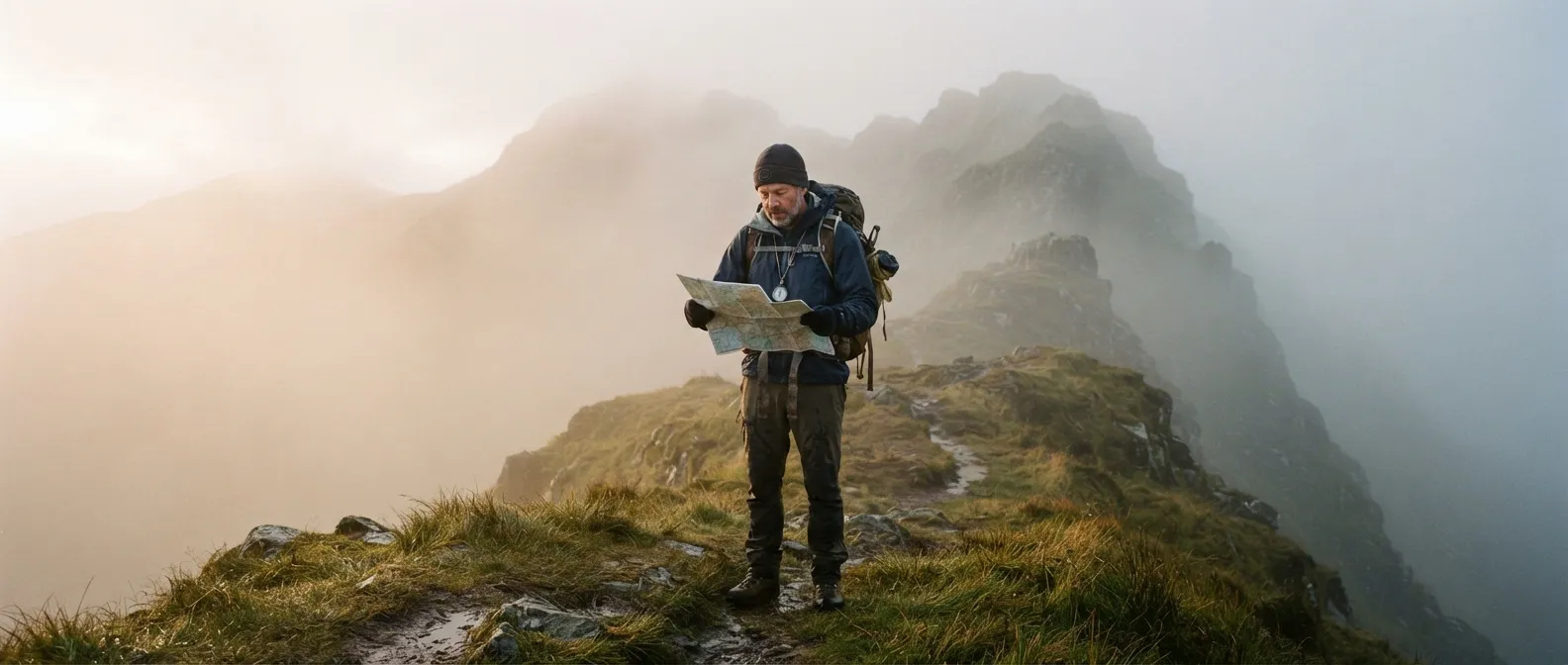 Un randonneur seul, arrêté sur une crête dans le brouillard, regarde une carte pliée à la lumière rasante du soir
