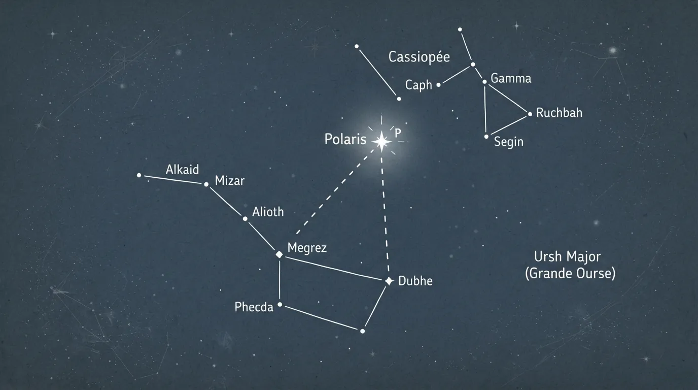 Schéma du ciel nocturne montrant la Grande Ourse, Cassiopée et la ligne des gardes prolongée cinq fois jusqu'à la Polaire