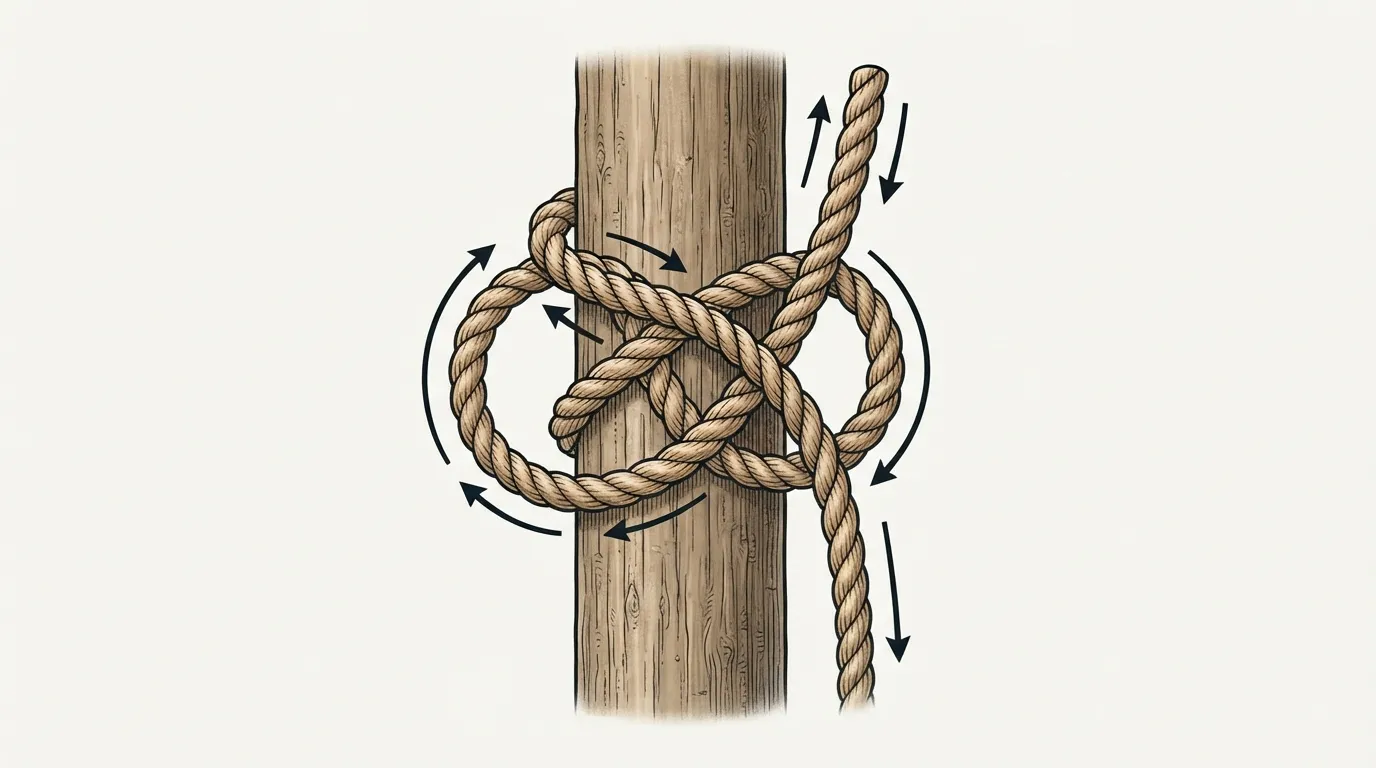 Schéma du nœud de cabestan sur un poteau vertical, deux boucles superposées