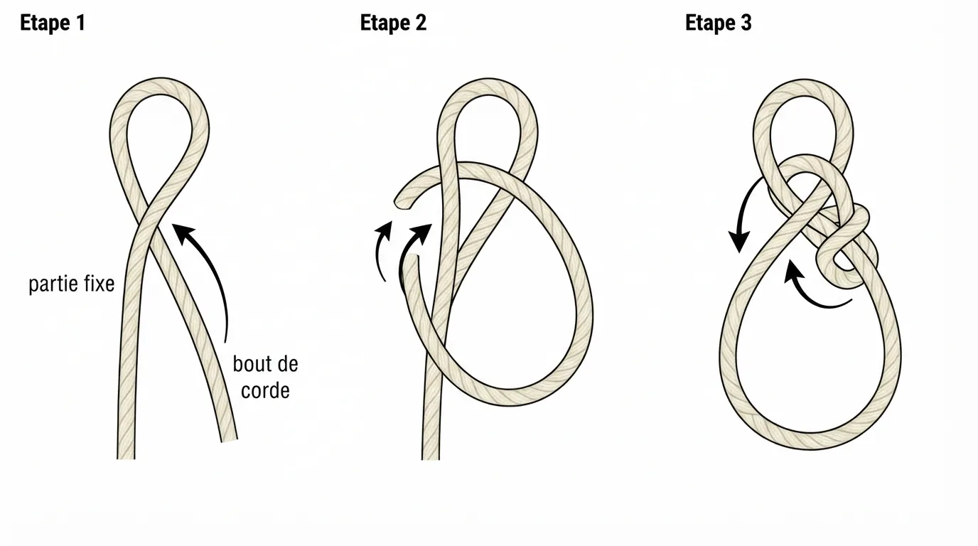 Schéma étape par étape du nœud de chaise : la petite boucle, le passage du bout, le tour et le retour dans la boucle
