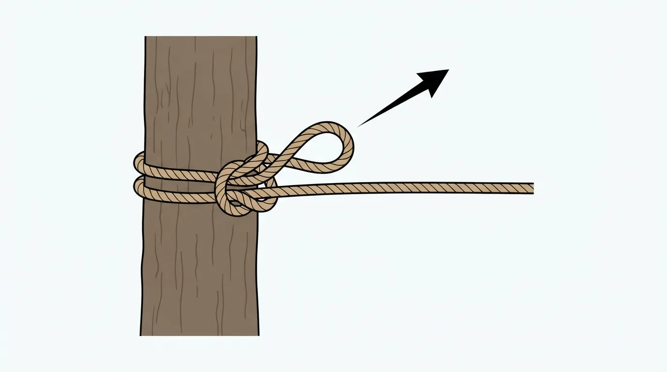 Schéma du nœud sibérien noué autour d'un tronc, avec la boucle finale glissée prête à être libérée d'un coup