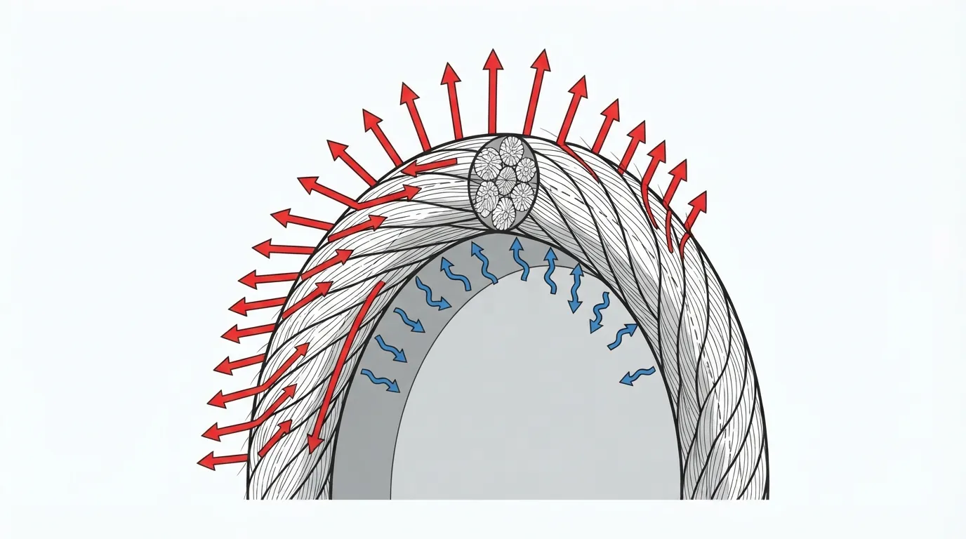 Schéma en coupe d'une corde nouée montrant les fibres extérieures étirées et les fibres intérieures détendues dans la courbe serrée