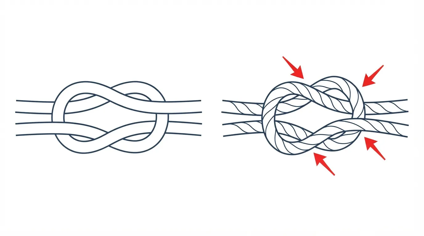 Comparaison schématique entre un nœud plat correct et un nœud de vache glissant, côte à côte