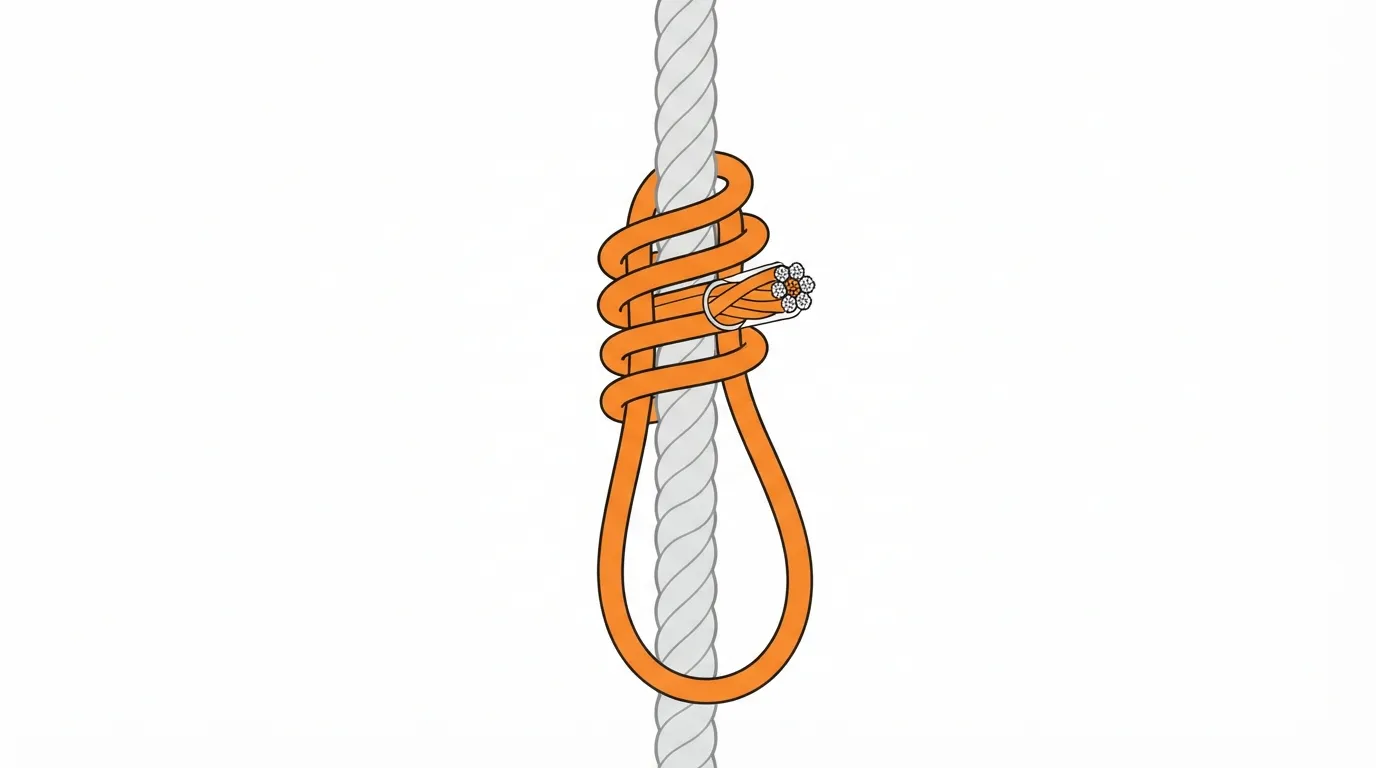 Schéma d'une cordelette enroulée trois fois autour d'une corde plus grosse pour former un prusik