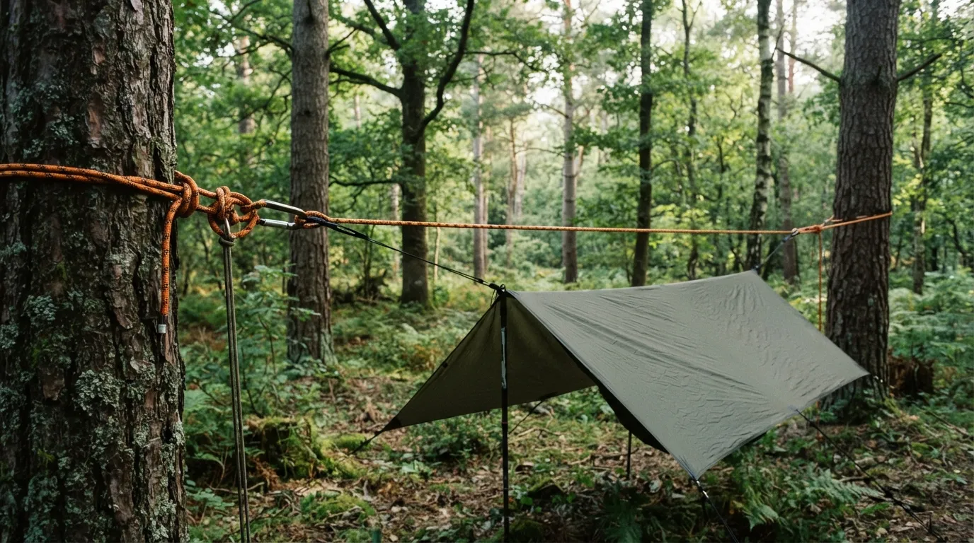 Une ridgeline de tarp tendue entre deux arbres avec un trucker's hitch visible à une extrémité