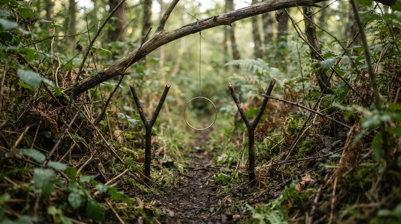 Un collet en fil de laiton tendu à hauteur de tête de lapin au milieu d'une coulée dans les ronces, entonnoir de branchages de part et d'autre