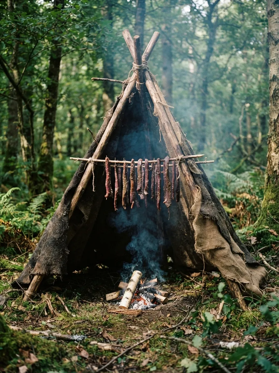 Un tipi de trois perches recouvert d'un poncho, des lanières de viande suspendues au-dessus d'un petit feu qui fume