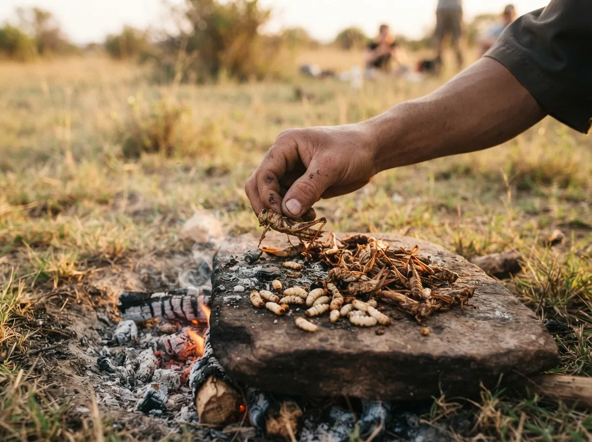Sauterelles et larves blanches grillées sur une pierre plate au bord d'un feu, une main en retire les pattes