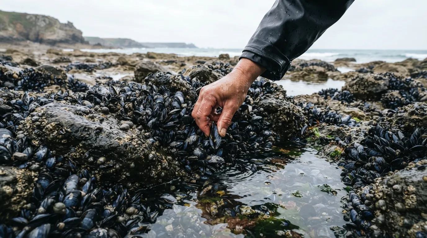 Rochers découverts à marée basse couverts de moules et de bigorneaux, un seau et une main qui décroche une moule