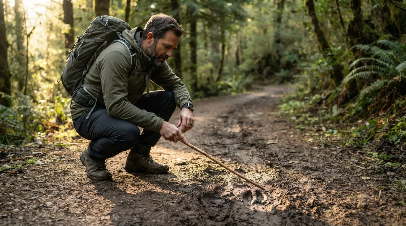 Un pisteur accroupi utilise un long bâton fin pour désigner une trace au sol sans y marcher dessus