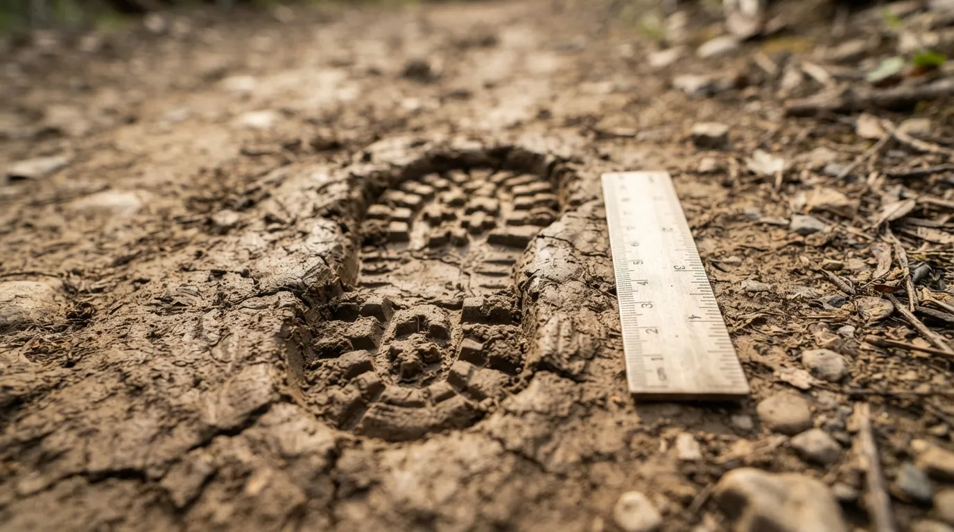 Une empreinte de chaussure de randonnée nette dans la boue, avec le motif de la semelle bien visible