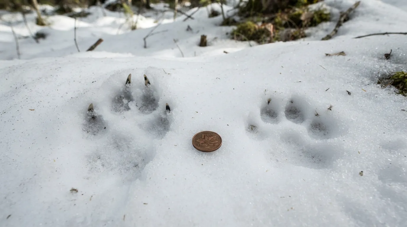 Deux empreintes côte à côte dans la neige, une trace de loup avec griffes et une trace de lynx ronde sans griffes