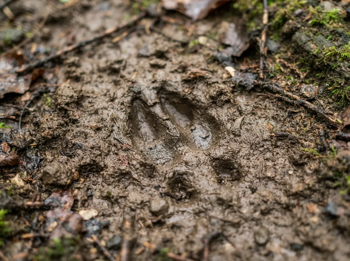 Empreinte de sanglier dans la boue, avec les deux ergots visibles derrière les onglons