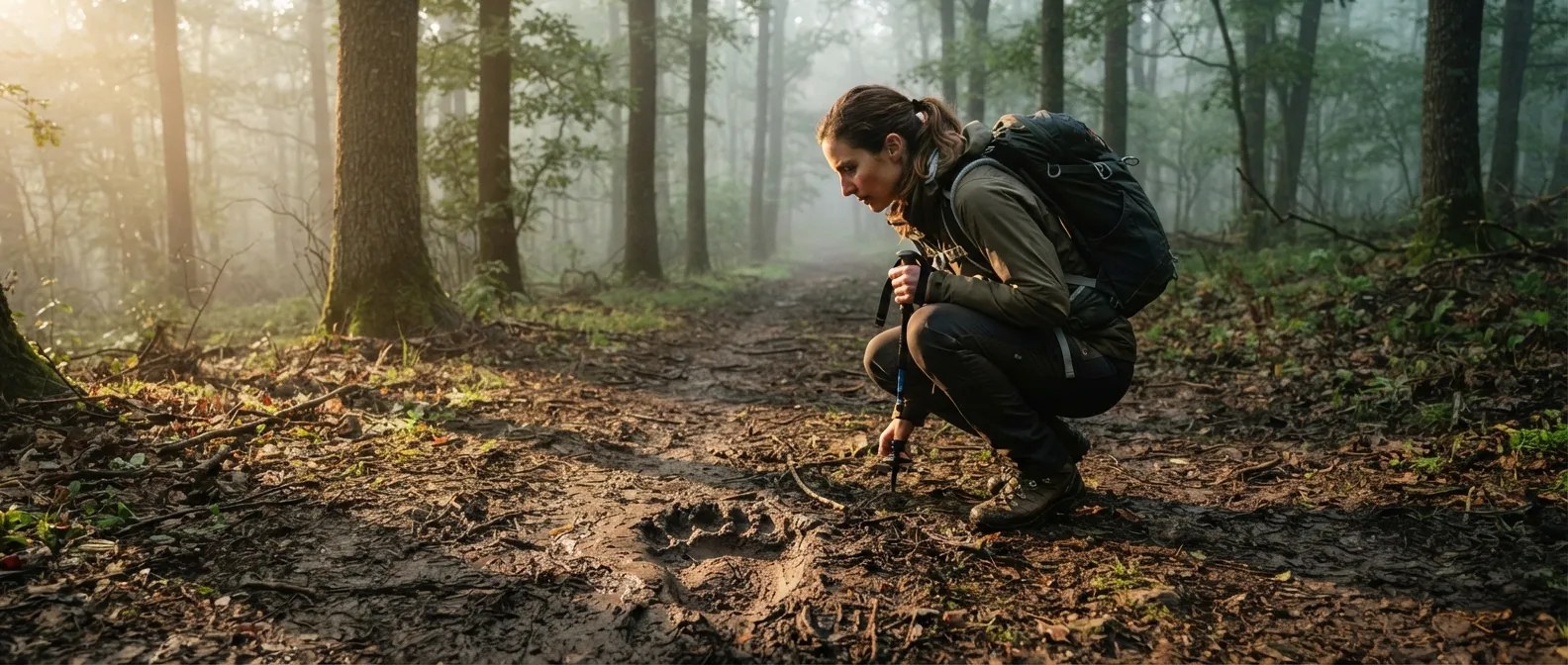 Un pisteur accroupi de profil examine une empreinte fraîche dans la terre humide, lumière rasante du matin