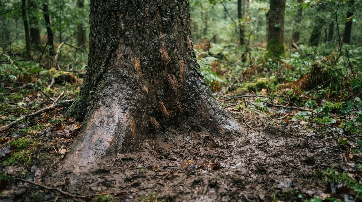 Une souille boueuse de sanglier au pied d'un arbre marqué de frottis, avec des poils accrochés à l'écorce