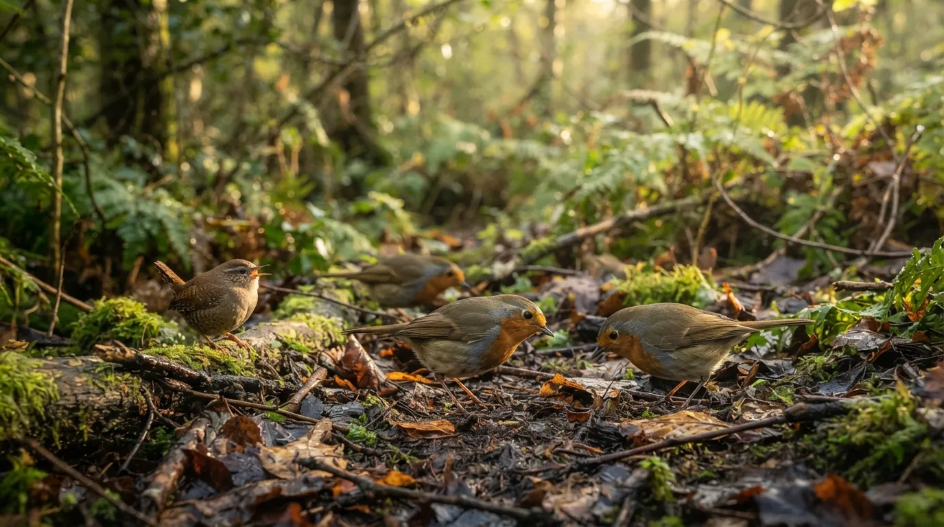 Des petits oiseaux se nourrissant tranquillement au sol en sous-bois, lumière douce du matin