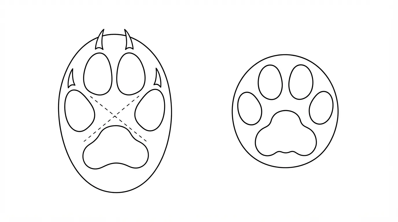 Schéma comparatif de deux empreintes côte à côte : une trace de chien avec griffes visibles et un X dans l'espace négatif, une trace de chat sans griffes et sans X
