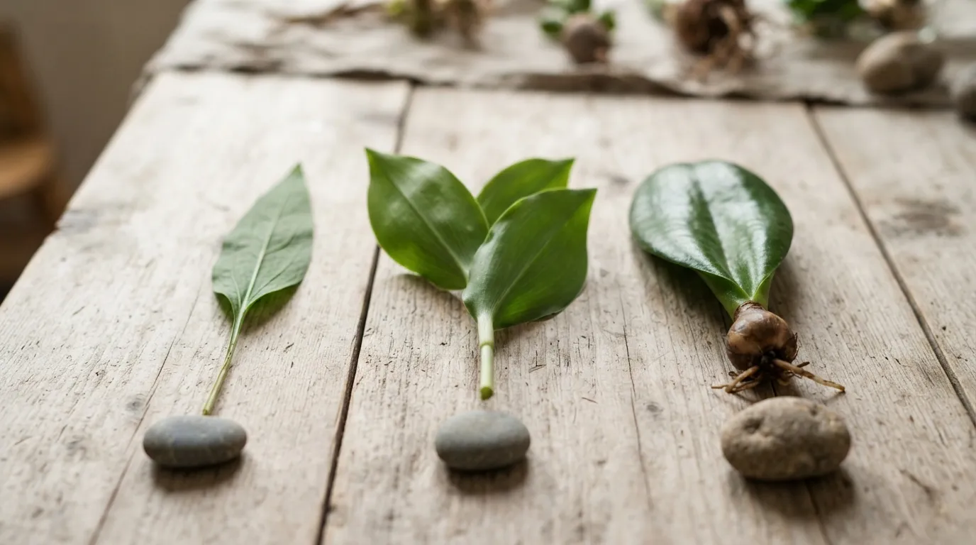 Trois feuilles posées côte à côte sur une planche : ail des ours à pétiole net, muguet à deux feuilles engainantes, colchique charnue et sans pétiole