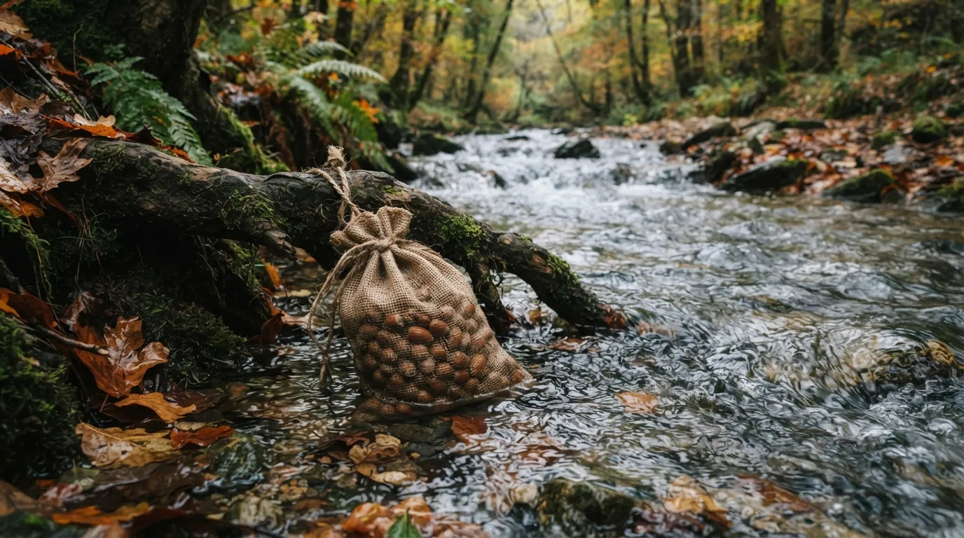Un sac de toile rempli de glands décortiqués attaché par une corde et plongé dans le courant d'un ruisseau