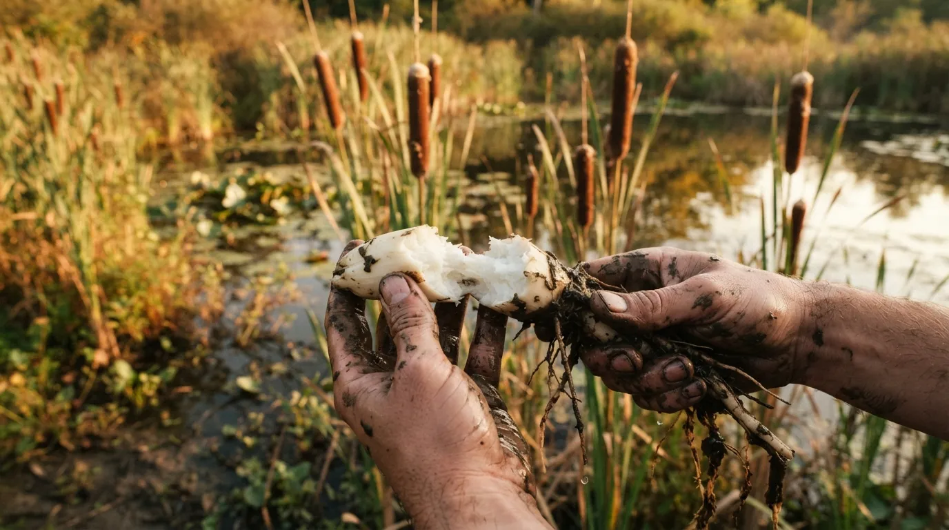 Une roselière de massettes aux épis bruns, et au premier plan un rhizome blanc arraché et coupé montrant son cœur amylacé