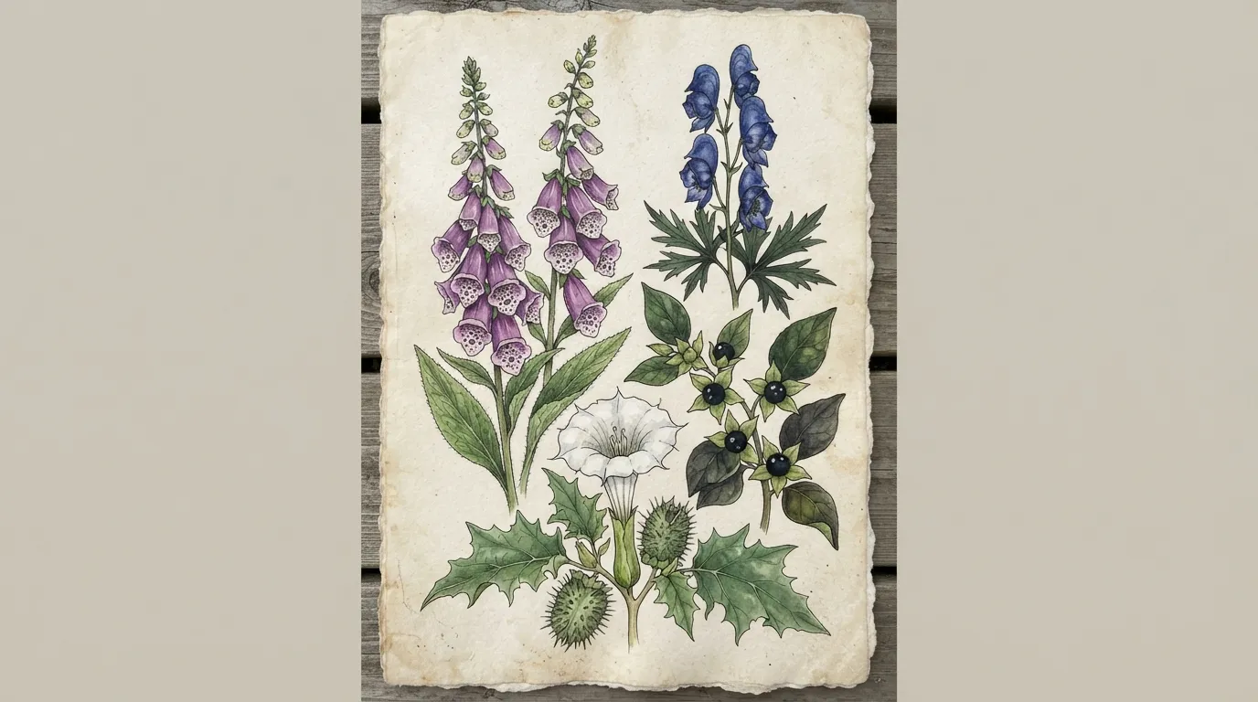 Planche botanique de quatre plantes toxiques : digitale pourpre, aconit napel, belladone et datura