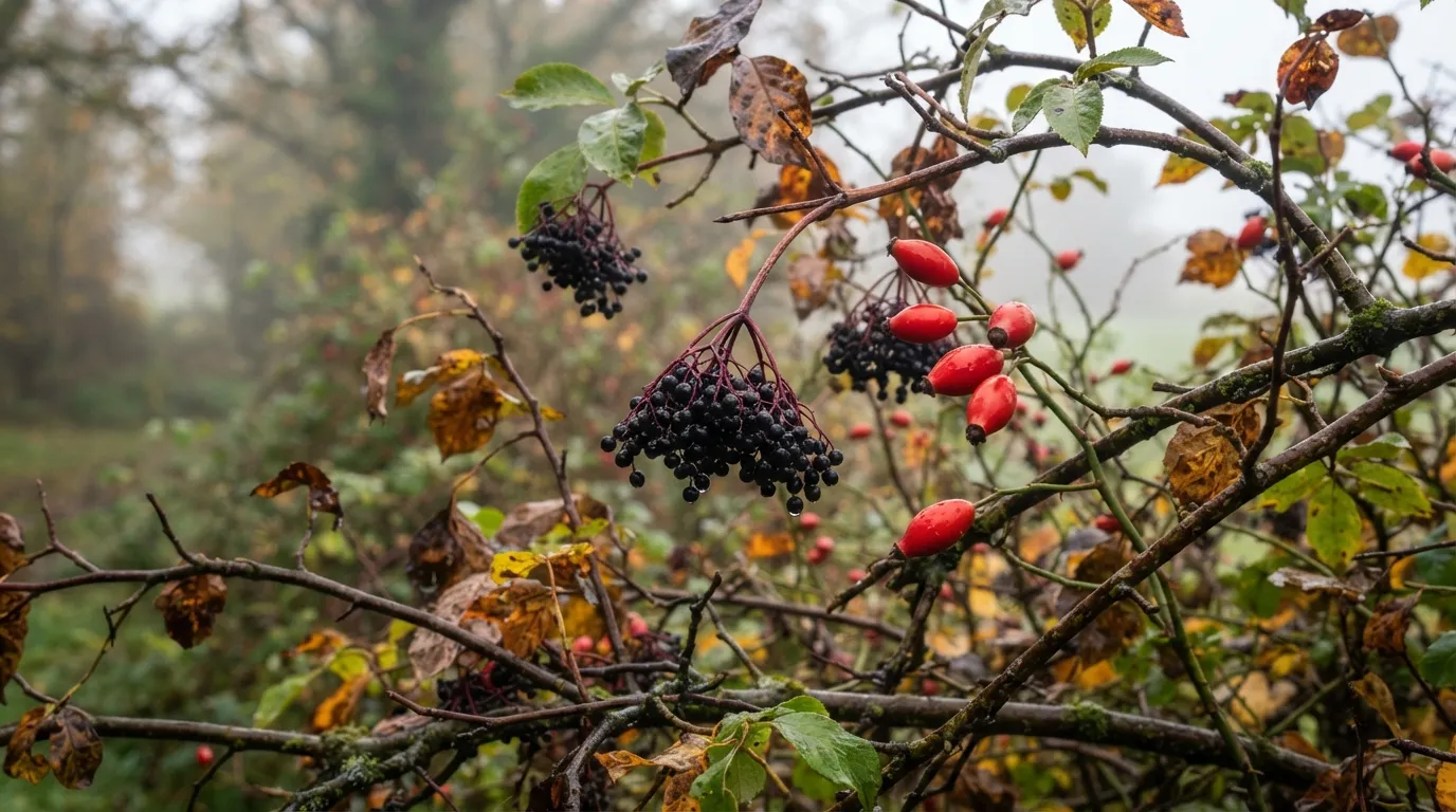 Grappes pendantes de baies noires de sureau et cynorrhodons rouges d'églantier sur une haie en automne