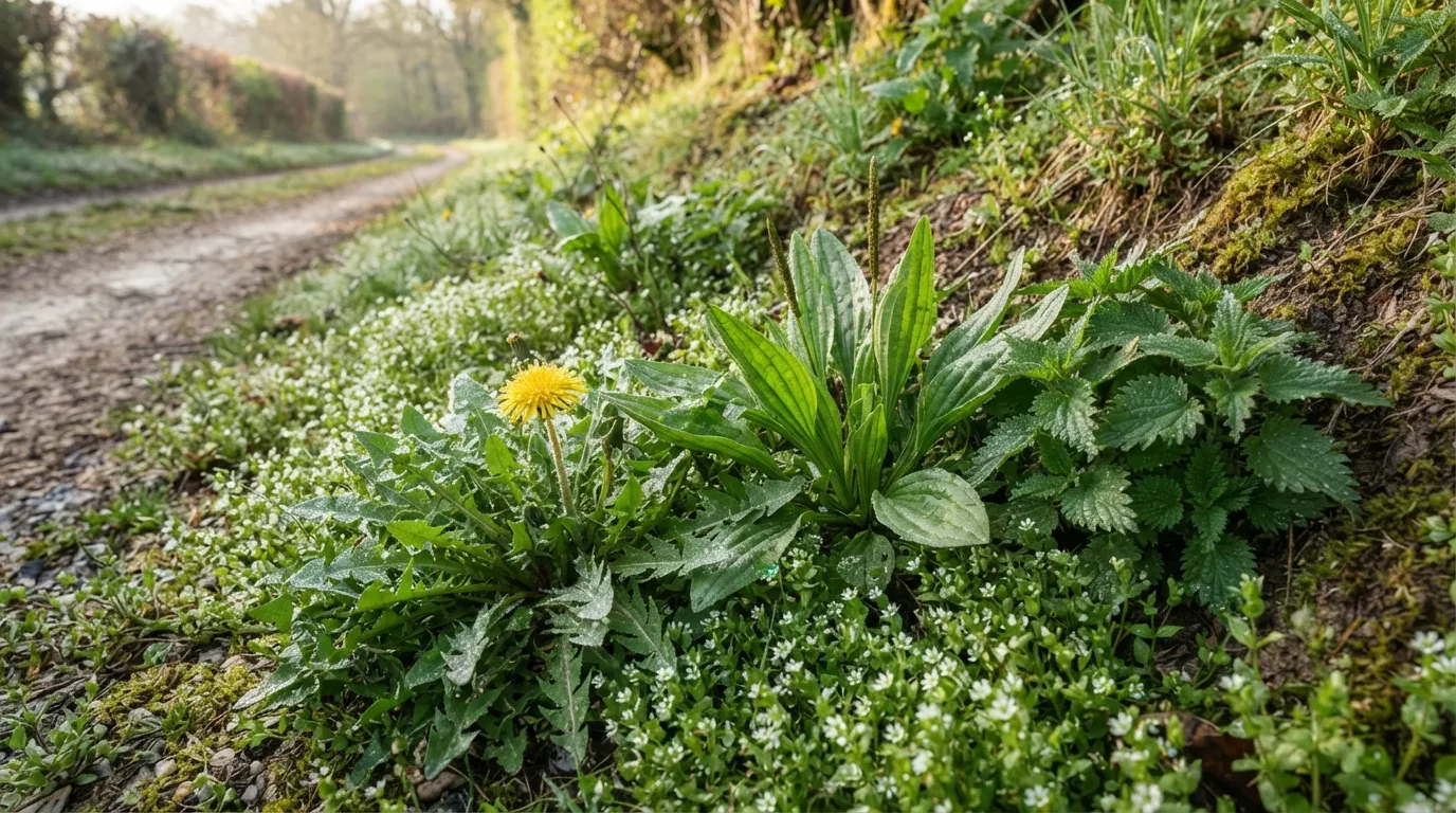 Rosette de pissenlit, plantain à nervures parallèles, ortie et mouron des oiseaux poussant ensemble sur un talus