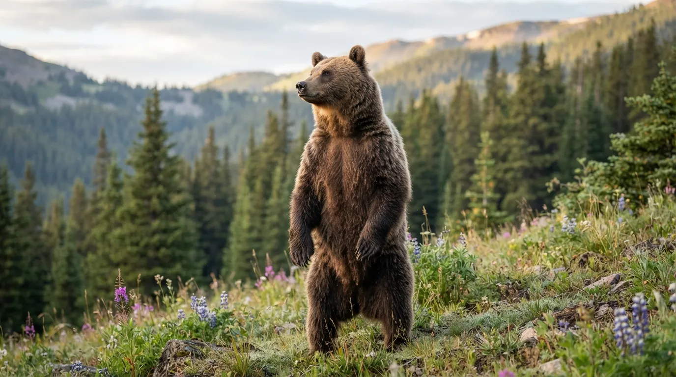 Un ours brun dressé sur ses pattes arrière au milieu d'une clairière, oreilles dressées, en position d'observation
