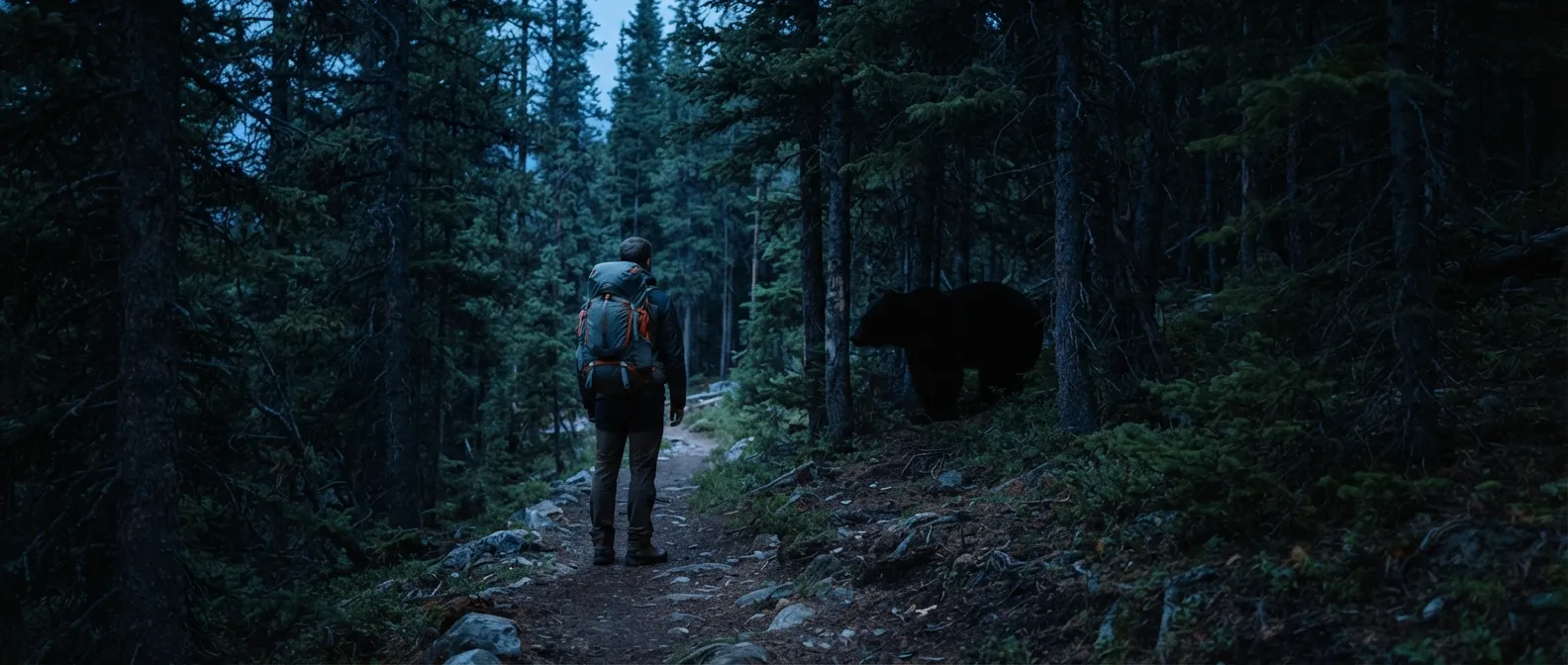 Un randonneur immobile sur un sentier forestier au crépuscule, à distance d'un grand animal sombre entre les arbres