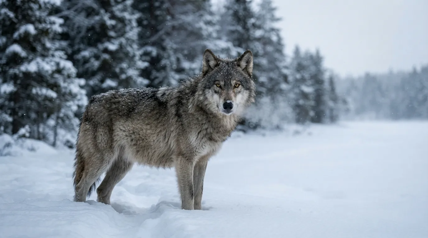 Un loup gris seul, tête tournée vers l'objectif, dans une clairière enneigée en lisière de forêt