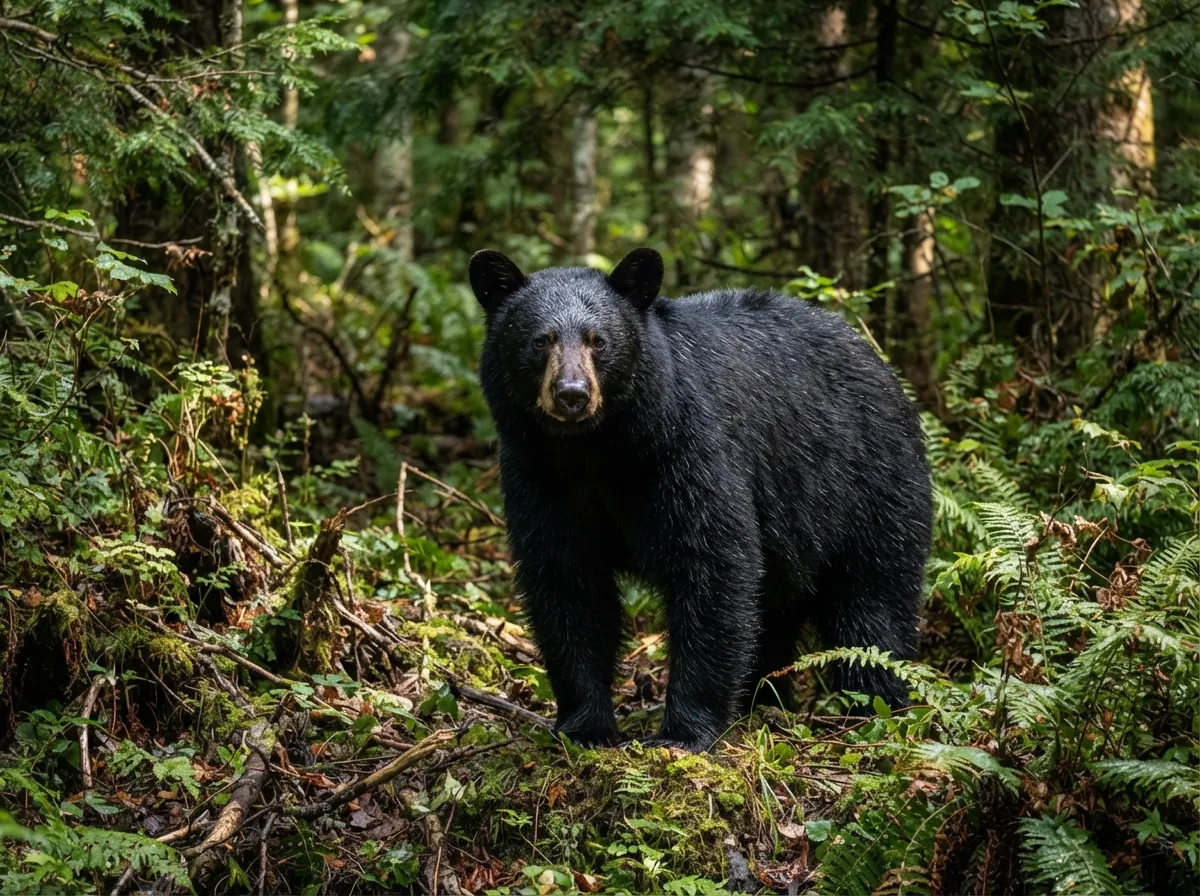 Un ours noir américain debout dans un sous-bois, tête tournée vers l'objectif, truffe humide