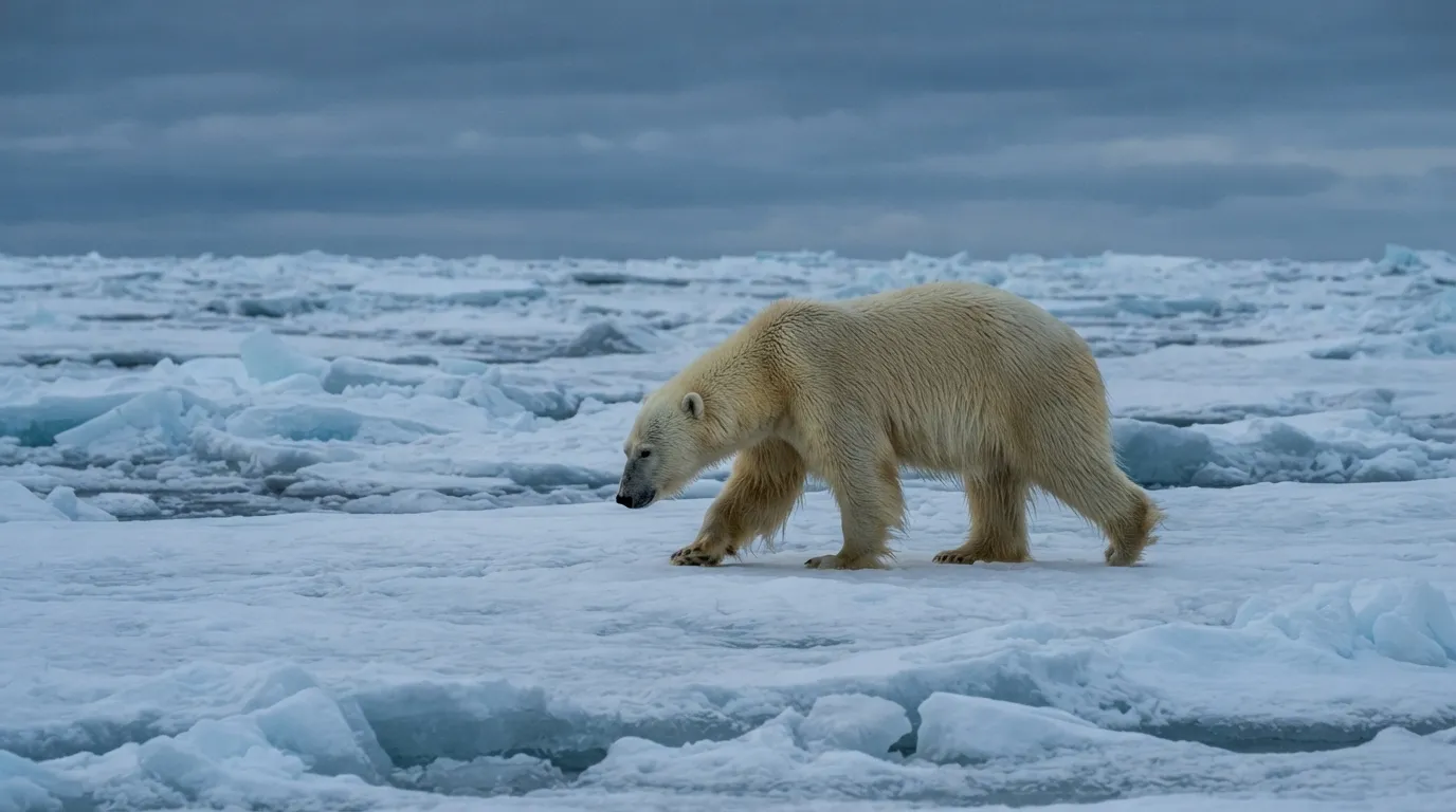 Un ours polaire marchant sur la banquise, tête basse, dans une lumière froide de fin de journée