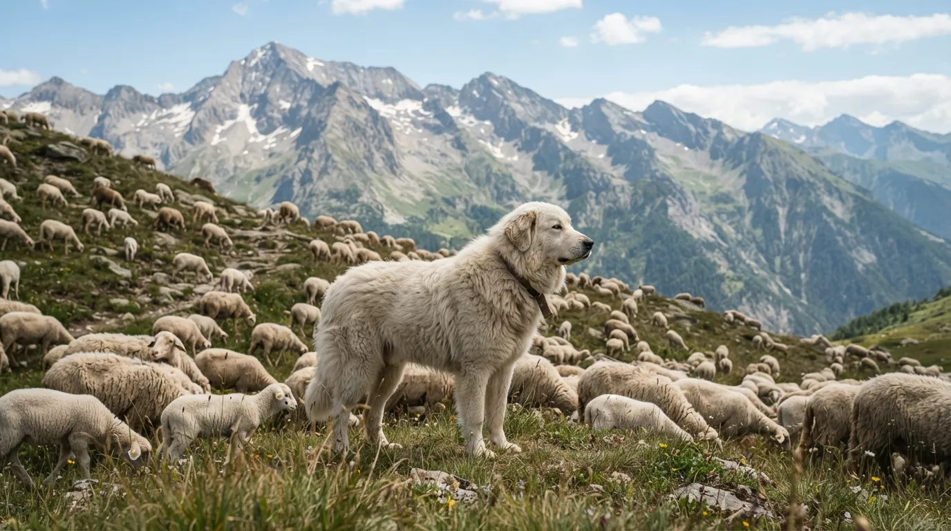 Un patou blanc au milieu d'un troupeau de moutons sur un alpage, en posture de vigilance