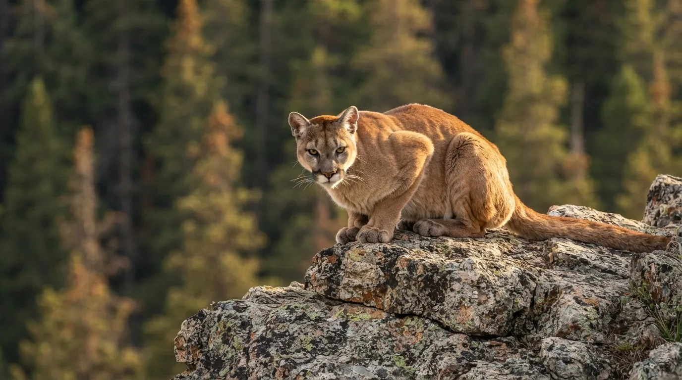Un puma accroupi sur un rocher, regard fixe vers l'objectif, forêt de résineux en arrière-plan