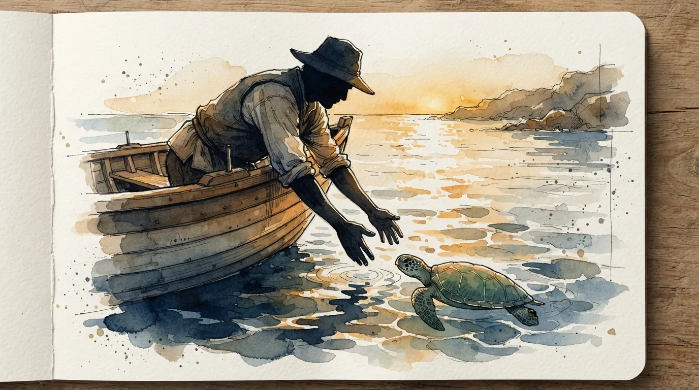 Une silhouette penchée par-dessus le bord d'une barque, mains tendues vers une tortue de mer qui nage à la surface