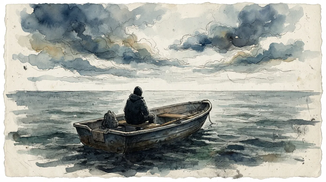 Une silhouette assise à l'arrière d'une barque de pêche à la dérive, entourée d'eau à perte de vue