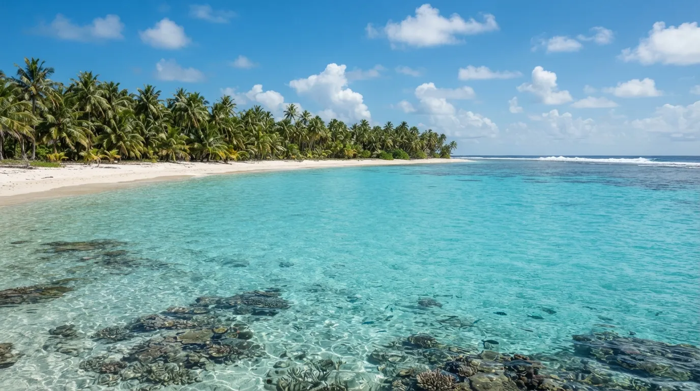 Un atoll corallien du Pacifique vu depuis le lagon, plage de sable blanc et cocotiers